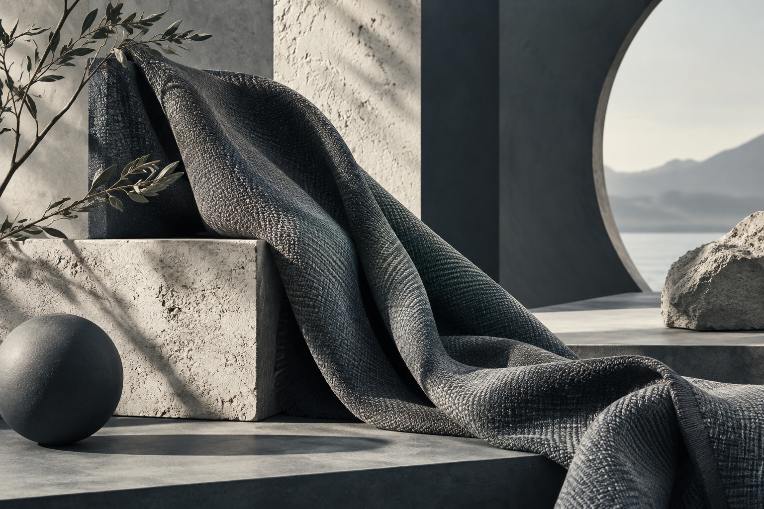 sculptural charcoal and stone woven fabric with clean architectural lines, fashion editorial still life, no jackets